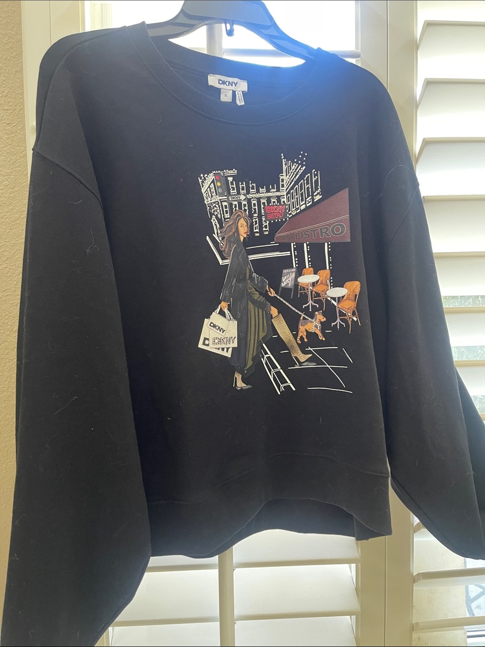 DKNY Black Graphic , Rhinestone,City Scape,Crewneck,Multicolor Illustration